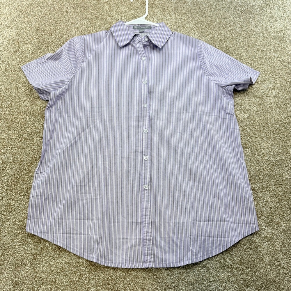 Jessica London Womens 12W Purple White Striped Short Sleeve Button Down Shirt 12